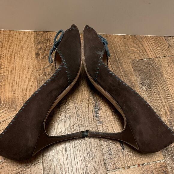 ▪️SOLD▪️Manolo Blahnik Chocolate Brown Suede -Peep TOE -Blue Lacing  39 1/2 M - Picture 5 of 15